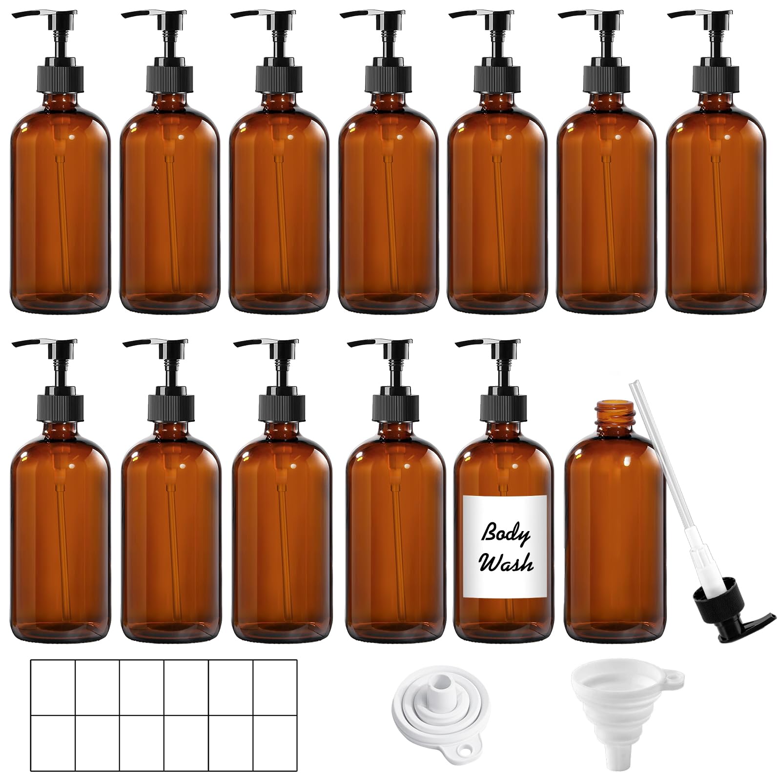 TBWIND 12 Pack Amber Glass Bottles 8oz with Pump Dispensers, Refillable Empty Pump Bottles for Bathroom, Kitchen, Shampoo, Soap, Lotion – Includes 2 Funnels & 12 Labels